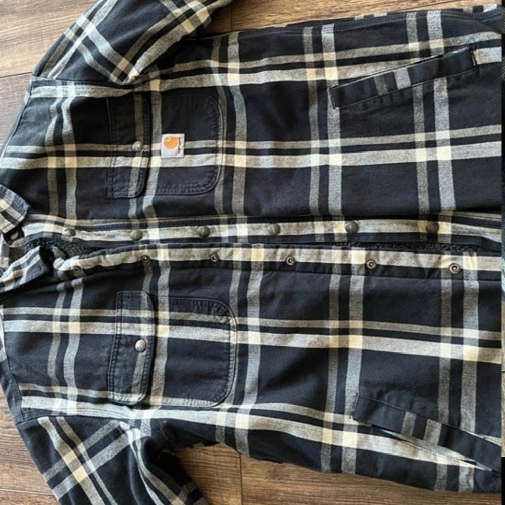 Carhartt Relaxed Fit Flannel Sherpa Lined Shirt Jacket Shacket M Black Plaid